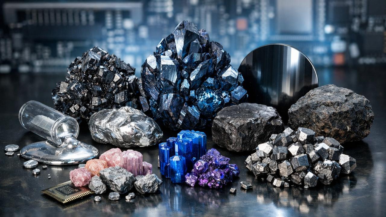 Galio y germanio para chips y radares; indio para pantallas; tántalo/coltán para capacitores; silicio para paneles y semiconductores; litio, cobalto y níquel para baterías. 