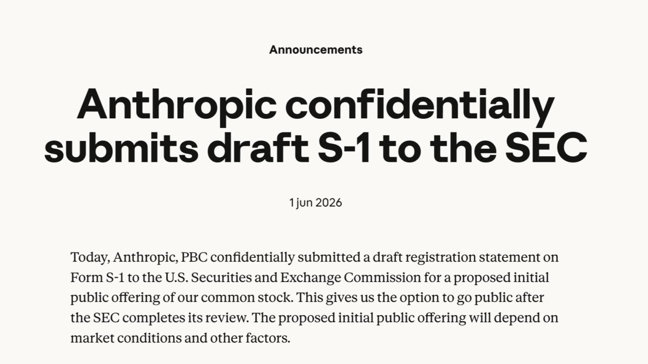 La startup de Inteligencia Artificial Anthropic, creadora de la familia de modelos Claude, anunció este lunes la presentación confidencial ante la Comisión de Bolsa y Valores de Estados Unidos (SEC) de un borrador del formulario S-1, el documento requerido para avanzar hacia una oferta pública inicial (IPO). La compañía confirmó que la presentación le permitirá evaluar una futura salida a bolsa una vez concluido el proceso de revisión regulatoria.