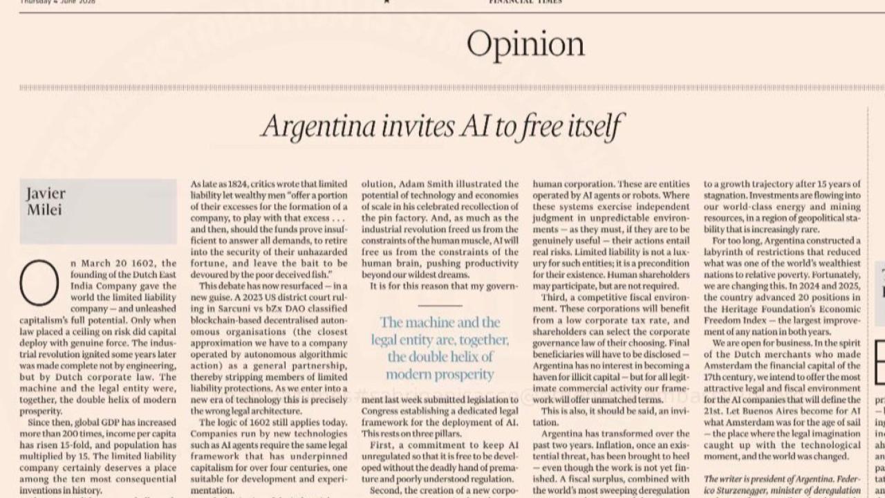 Ni Estados Unidos, ni Europa, ni China: el mundo no reconoce empresas controladas exclusivamente por IA. Las recientes declaraciones del presidente Javier Milei sobre la posibilidad de reconocer jurídicamente corporaciones no humanas operadas volvieron a poner sobre la mesa uno de los debates más disruptivos de la era digital. Sin embargo, más allá del impacto conceptual de la propuesta, la realidad internacional muestra un dato contundente: actualmente no existe ningún país que haya otorgado personalidad jurídica plena a una entidad controlada exclusivamente por IA.