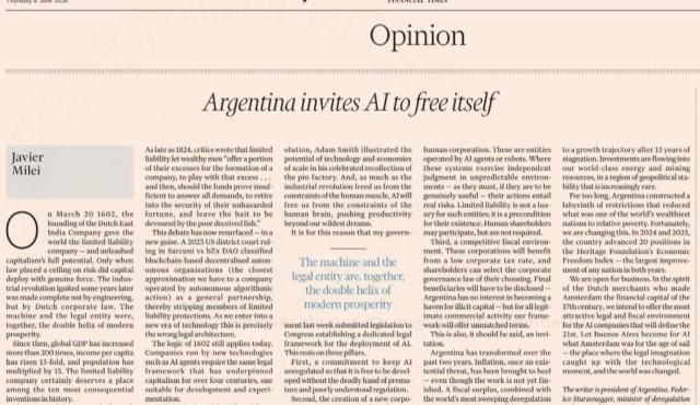 Ni Estados Unidos, ni Europa, ni China: el mundo no reconoce empresas controladas exclusivamente por IA. Las recientes declaraciones del presidente Javier Milei sobre la posibilidad de reconocer jurídicamente corporaciones no humanas operadas volvieron a poner sobre la mesa uno de los debates más disruptivos de la era digital. Hoy no existe ningún país que haya otorgado personalidad jurídica plena a una entidad controlada exclusivamente por IA.