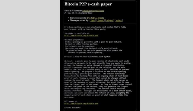 La comunidad cripto celebra un hito histórico con la publicación en X por parte de Bitcoin Magazine(@BitcoinMagazine) que revive el correo electrónico enviado por Satoshi Nakamoto el 31 de octubre de 2008. 