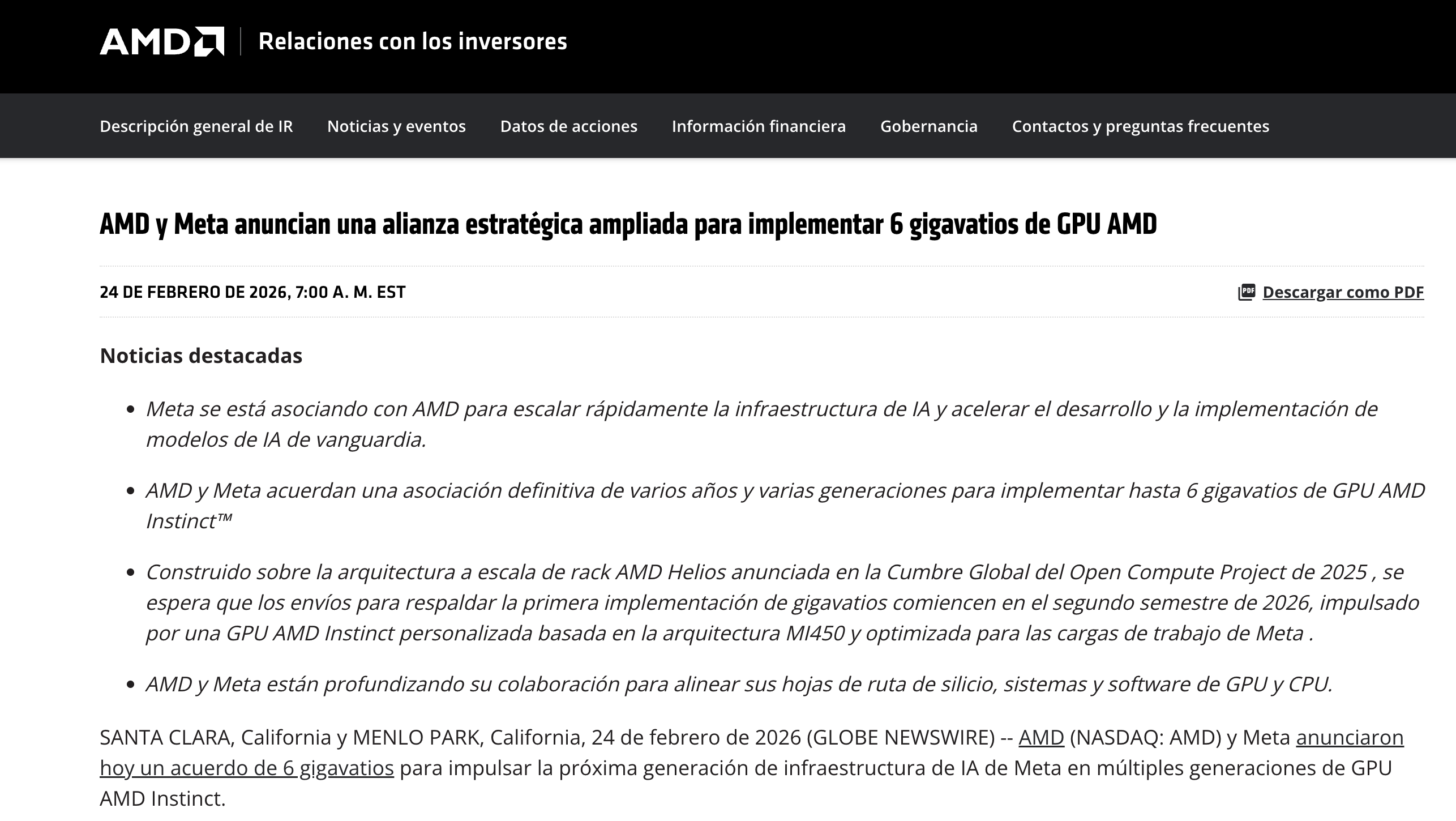 El anuncio oficial del acuerdo entre Meta y AMD