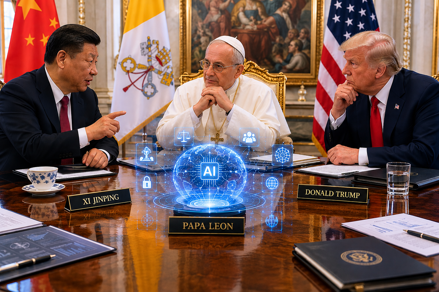 Imagen generada por ChatGPT de una cumbre Xi, León XIV y Trump.