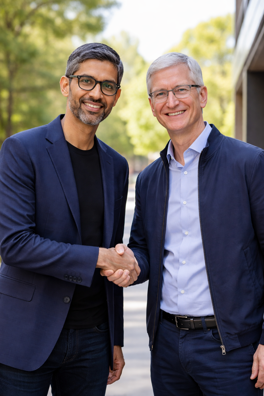 Sundar Pichai y Tim Cook, los l&iacute;deres de Google y Apple (imagen generada por ChatGPT)